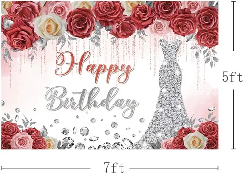 Miniatura 3 de AIBIIN Telón de fondo de feliz cumpleaños de 7 x 5 pies, vestido plateado floral rojo, fondo de fotografía, goteando purpurina de cristal plateado