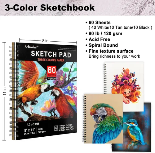 Miniatura 5 de Artownlar Juego de 72 bocetos de dibujo con cuaderno de bocetos de 8 x 11 Kit de suministros de arte profesional para artistas, adultos
