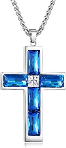 Miniatura 12 de Collar de cruz para hombre, piedras preciosas de color piedra natal de circonita cúbica, collar de acero inoxidable para hombre, cadena de 24