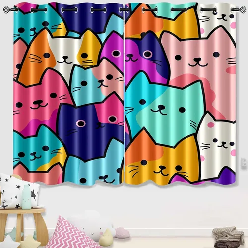 Cortinas de Gato - Lindas Cortinas Opacas de Gato para Habitación de Niños Decoración Kawaii para Dormitorio de Niñas, 2 Paneles, 82 x 63 pulgadas