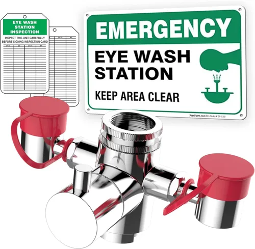 TidyFriend - Soporte de grifo de estación de lavado de ojos de emergencia, giratorio de 360°, cobre cromado con señal de seguridad, flujo alto de