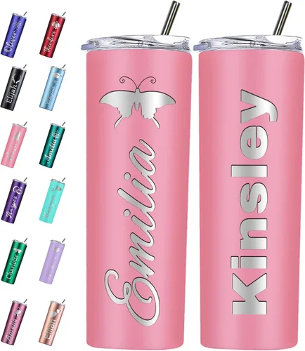 Miniatura 11 de Vaso personalizado personalizado con nombre grabado y logotipo, vasos delgados personalizados con tapa y pajita, vaso aislado de acero inoxidable