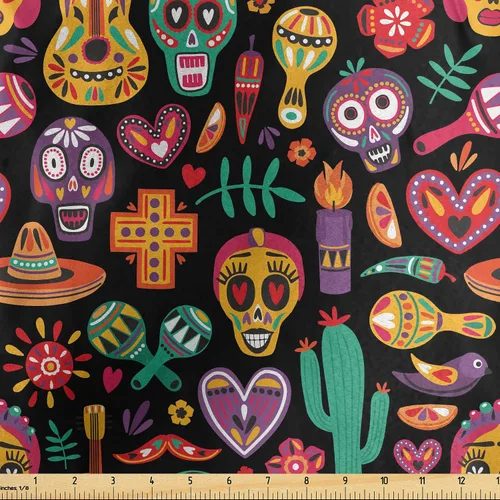 Miniatura 119 de Ambesonne The Yard, tela de calavera colorida con temática de Halloween, diseño de calavera y huesos cruzados, divertido estampado de dibujos