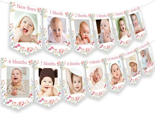 Cartel de fotos de primer cumpleaños con tema de flores silvestres de recién nacido a 12 meses para niñas, registro de crecimiento mensual de hitos