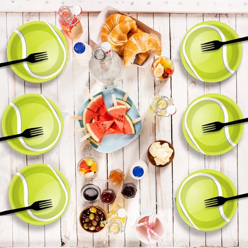 Miniatura 4 de Wiooffen Juego de 24 platos de papel para fiestas de tenis, juego de vajilla desechable, platos de postre para fiestas de tenis, deportes