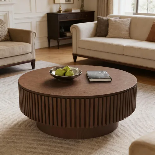 Miniatura 5 de Mesa de centro redonda con almacenamiento, mesas de centro de madera acanalada modernas con base resistente, mesa de té central circular de tambor