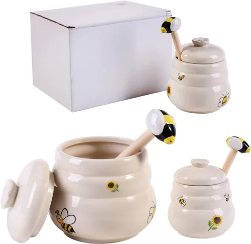 Miniatura 7 de Tarro de Miel Cerámico con Cuchara de Miel de Madera - Tarro de Miel con Cuchara - Tarro de Miel con Soporte, Gran Decoración de Abeja - Decoración