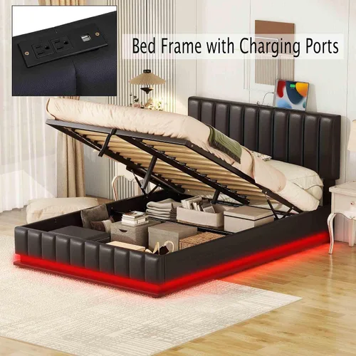 Miniatura 4 de Marco de cama de almacenamiento elevado con luz LED, enchufes, puertos USB, moderna plataforma tapizada completa con sistema de almacenamiento