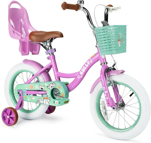 Miniatura 7 de RULLY Bicicleta para niñas de 12, 14, 16 pulgadas, con cesta de asiento de muñeca y ruedas de entrenamiento para niños de 2 a 6 años Azul