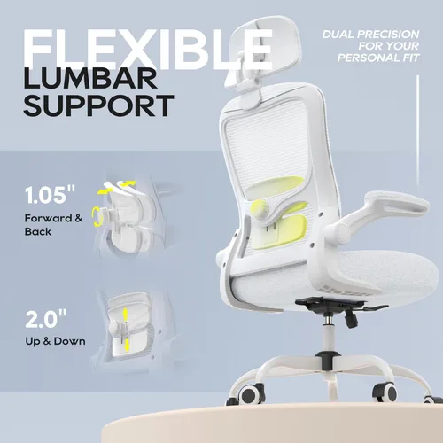 Miniatura 5 de Silla de oficina, silla de escritorio ergonómica de malla con soporte lumbar ajustable y reposacabezas, reposabrazos abatibles, silla de trabajo