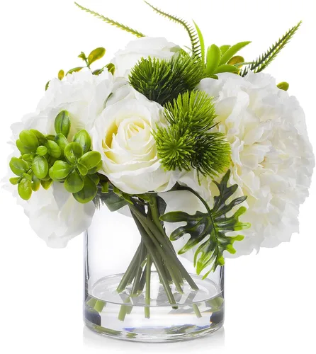 ENOVA FLORAL Flores de rosas artificiales en jarrón, rosa blanca falsa mixta y peonías de seda en jarrón con agua sintética para centros de mesa de