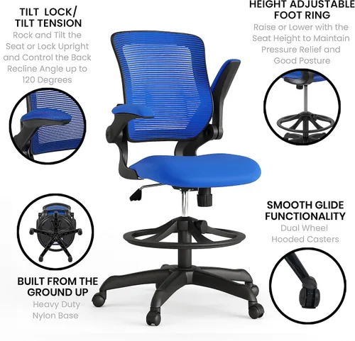 Miniatura 5 de Flash Furniture Kale Silla de dibujo ergonómica de malla azul con respaldo medio Anillo de pie ajustable, brazos abatibles