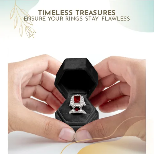 Miniatura 6 de Caja de terciopelo para anillos, color negro, con 2 ranuras, exquisita caja para anillos de boda, preciosa caja hexagonal para anillos de boda