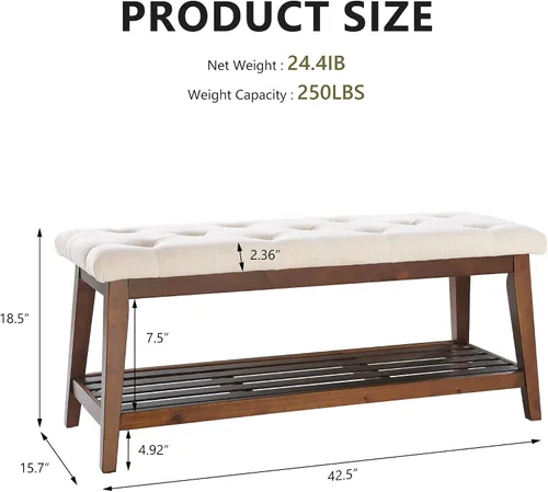 Miniatura 2 de kinmars Banco Tapizado para Dormitorio al Pie de la Cama, Banco de Entrada de 42.5 Pulgadas para Sala de Estar, Banco de Comedor con Asiento Beige