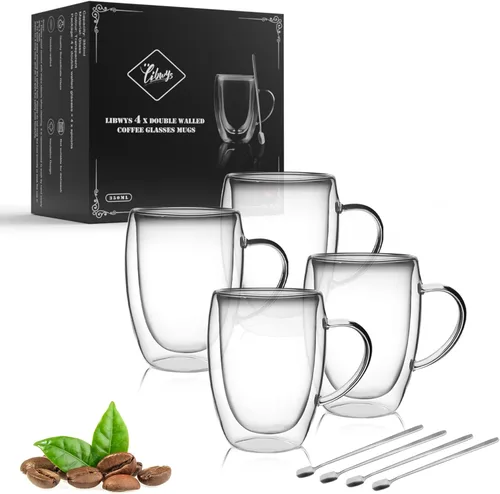 Miniatura 9 de LIBWYS Paquete de 6 Tazas de Café de Vidrio de Doble Pared, Tazas de 12oz para Espresso Cappuccino Latte Té con Asa, Vasos Transparentes