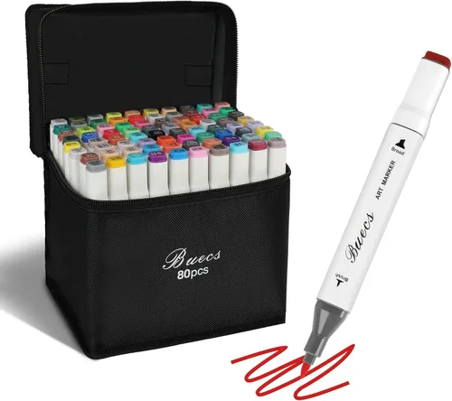Marcadores de alcohol Buecs con punta de pincel: Marcador de arte de doble punta, 80 unidades, adecuado para adultos artistas pintura, colorear,