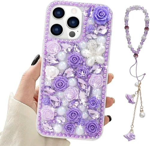 Miniatura 14 de para iPhone 14 Pro - Funda con Purpurina y Diamantes de Imitación, de Lujo, con Cristales Brillantes, Flores de Rosa, Perlas Florales, Pulseras
