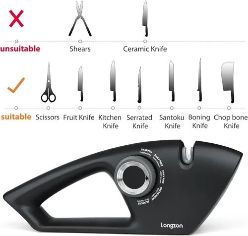 Miniatura 11 de Longzon Afilador de cuchillos 5 en 1 de 5 etapas para cuchillos dentados, tijeras con guante resistente a cortes, hojas pulidas originales