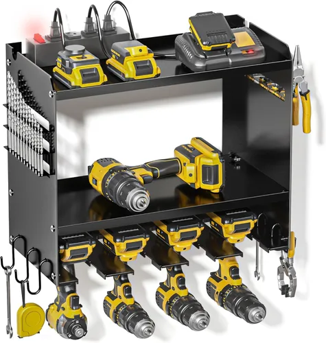 Miniatura 16 de Spampur Organizador grande de herramientas eléctricas de montaje en pared con estación de carga, estante de almacenamiento de herramientas de metal