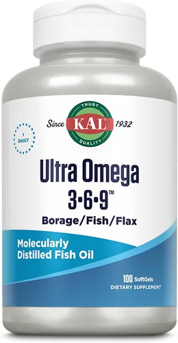 KAL Ultra Omega 3-6-9 1200mg | Aceite de pescado con aceite de linaza prensado en frío y borraja | Piel, cabello, corazón, memoria | 100 cápsulas