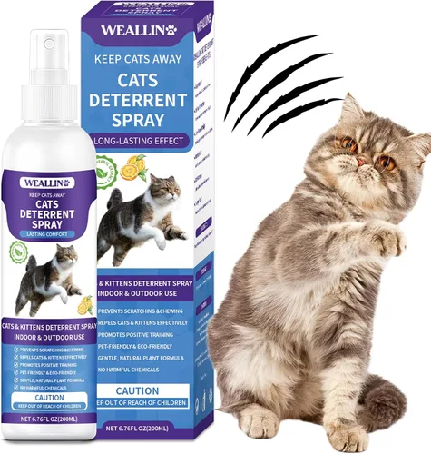 WEALLIN Spray disuasorio para gatos, 6.76 onzas líquidas, repelente de gatos natural para interiores y exteriores, ayuda de entrenamiento