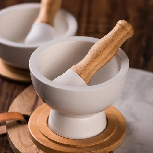 Miniatura 6 de Mortero y mortero de porcelana - Trituradora de píldoras, molinillo de especias, cuenco de hierbas, polvo de pesto - Regalo ideal - con base
