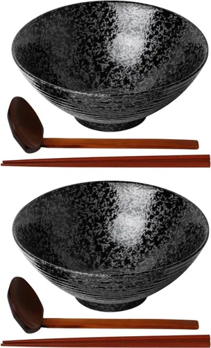 Kanwone Juego de cuencos de cerámica japoneses para ramen, cuencos de sopa de fideos, 37 onzas, con cucharas y palillos a juego para fideos Negro