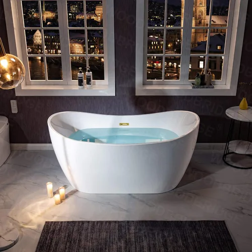 Miniatura 3 de WOODBRIDGE BTA1516 BG - Bañera independiente de acrílico de 59 pulgadas, bañera blanca de remojo contemporáneo con desbordamiento y drenaje de oro