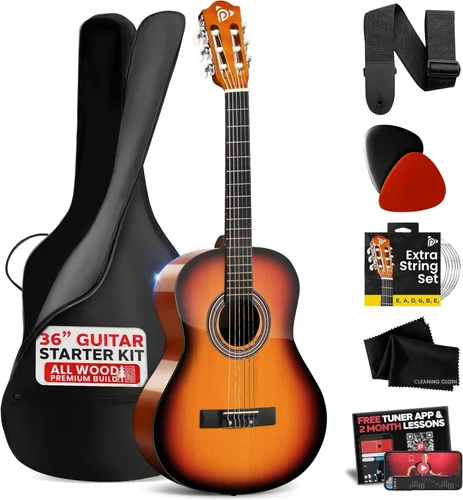 Miniatura 8 de Pyle Kit de guitarra acústica para principiantes, instrumento de madera de tamaño junior 3/4 con kit completo de accesorios, púas, correa