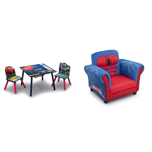 Delta Children Juego de mesa y silla para niños con almacenamiento (2 sillas incluidas) y silla tapizada figural, Marvel Spider-Man (azul, rojo)