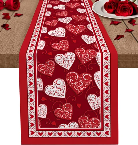 Miniatura 14 de Camino de mesa para decoración del día de San Valentín, diseño de gnomo, corazón, rojo, a cuadros, búfalo, algodón, lino, decoración de mesa