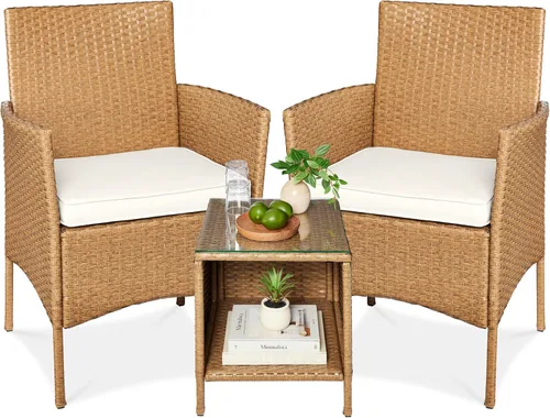 Miniatura 31 de Best Choice Products Juego de 3 piezas de mimbre para conversación al aire libre, muebles de patio que ahorran espacio para jardín con mesa