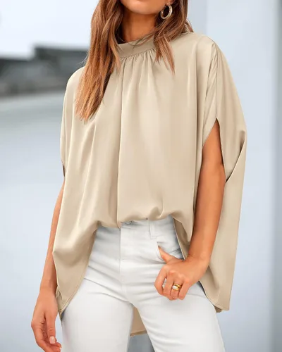 Miniatura 122 de BTFBM Blusas de verano para mujer, cuello alto falso, manga murciélago, holgadas, dobladillo alto y bajo, blusas informales de gran