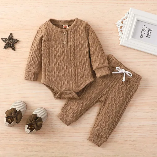 Miniatura 2 de Ropa de punto acanalado de algodón para bebés, niñas y niños, recién nacidos enterizo de manga larga, pantalones largos unicolor, atuendos de otoño