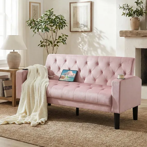 Miniatura 23 de TYBOATLE Sofá loveseat de 62" de ancho con 2 puertos de cargador USB y 2 portavasos, sofá de amor pequeño tapizado de cuero negro estilo moderno