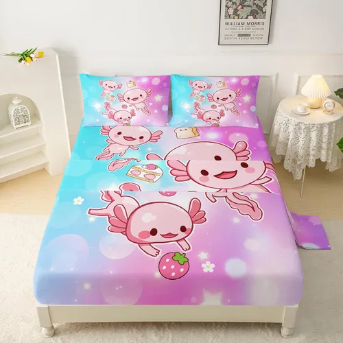 Miniatura 22 de QOOMO Ropa de cama Kawaii Axolotl para niños y niñas, diseño de flor de cerezo rosa, juego de ropa de cama súper suave para niños, con estrellas