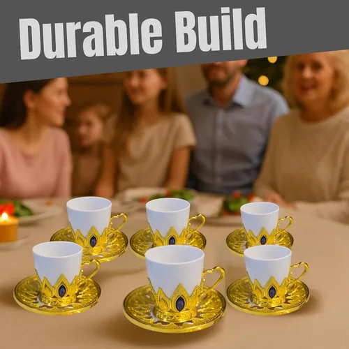 Miniatura 12 de Chandler Juego de tazas de café de porcelana blanca con acento acrílico dorado y gema azul, 6 tazas y 6 platillos, caja de regalo incluida (redonda)