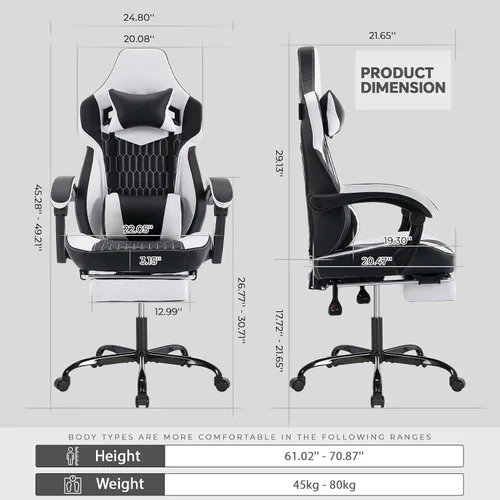 Miniatura 3 de Cómoda silla de oficina con reposapiés y soporte lumbar, estilo carreras, ajustable, giratoria de 360°, silla de juegos con reposacabezas