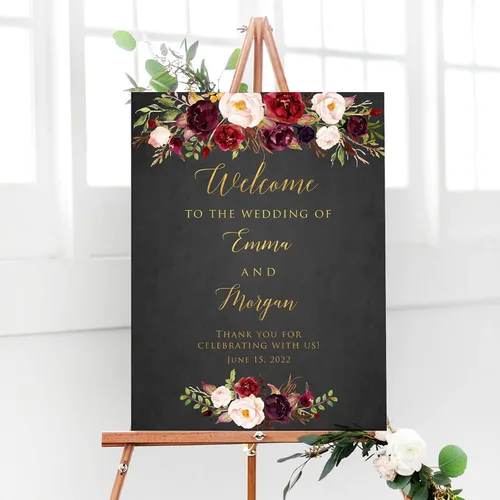 Miniatura 14 de Cartel de bienvenida de boda floral azul claro personalizado, cena de ensayo para parejas, ducha, aniversario, fiesta, póster de bienvenida, lienzo
