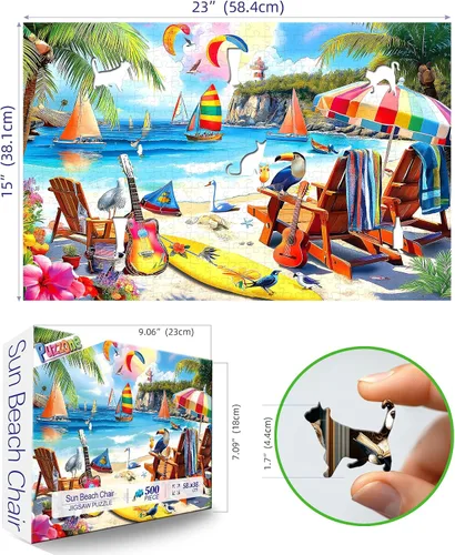 Miniatura 2 de Rompecabezas de 500 piezas para adultos, vibrante escena tropical de playa con palmeras, rompecabezas para adultos, silla de playa, veleros