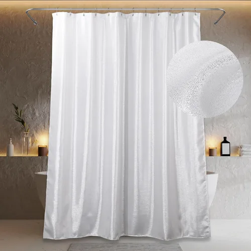 Cortina de ducha con purpurina blanca plateada: cortinas de ducha de tela lavable brillante brillante para baño, cortina de baño de lujo de satén