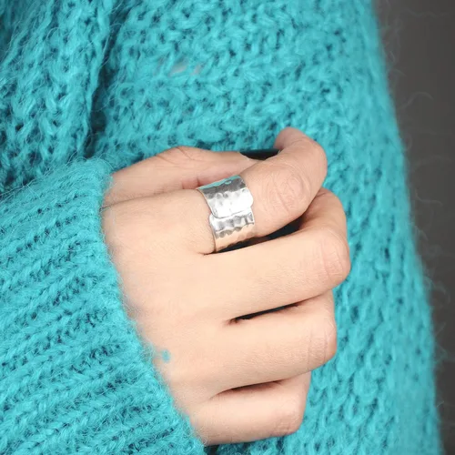 Miniatura 3 de Boho-Magic Anillo de plata de ley 925 para mujer, diseño de pulgar, ancho martillado, ajustable, Metal