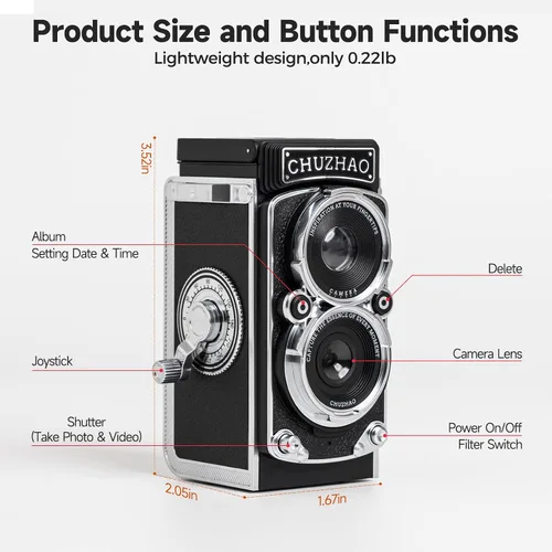 Miniatura 5 de CHUZHAO - Cámara digital retro con sello de tiempo, estilo TLR portátil vintage 1080p, video FHD de 12 MP, fotos de enfoque automático, mini cámara