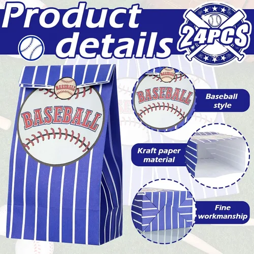 Miniatura 4 de Outus 30 bolsas de regalo de béisbol, bolsas de papel azules con calcomanías para fiestas temáticas de equipo, decoración de cumpleaños, celebración