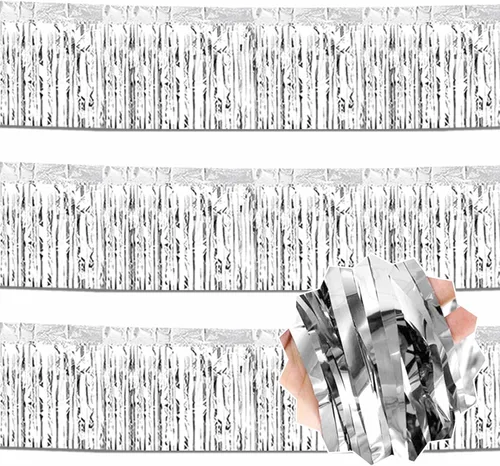 Miniatura 25 de Paquete de 3 guirnaldas de flecos de papel de aluminio negro dorado plateado de 10 pies con serpentinas metálicas de oropel para colgar en la pared