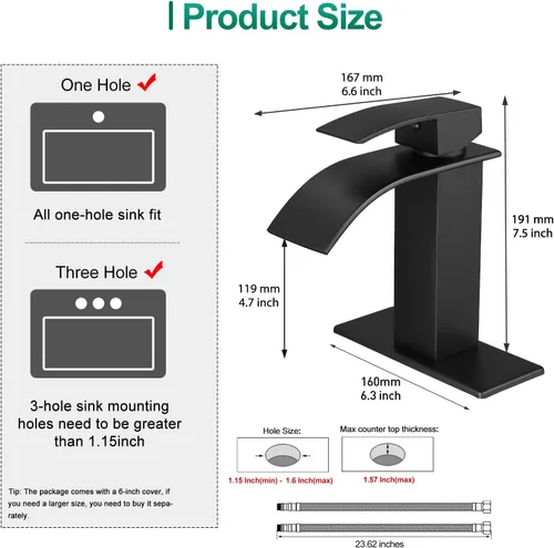 Miniatura 6 de VOTON Grifos de Baño Negros Modernos de Cascada para Lavabo de Baño Grifo de Baño Negro Mate de Una Sola Manija para 1 o 3 Agujeros con Placa