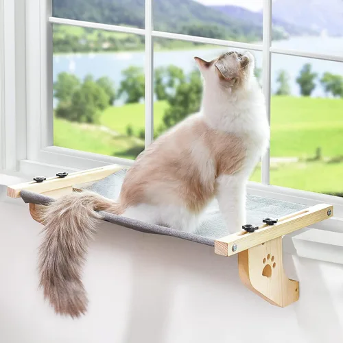 AMOSIJOY Percha de Ventana para Gatos Hamaca de Ventana para Gatos con Marco de Madera y Metal para Gatos Grandes, Fácil de Ajustar Cama de Gato Gris