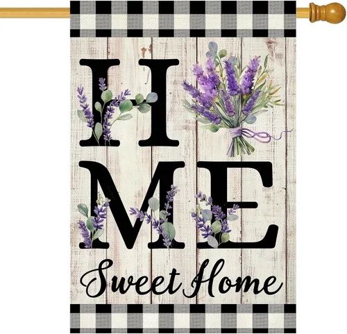 Miniatura 12 de ORTIGIA Home Sweet Home - Bandera de jardín de magnolia de doble cara de 12.5 x 18 pulgadas, para primavera y verano, a cuadros, pequeña bandera