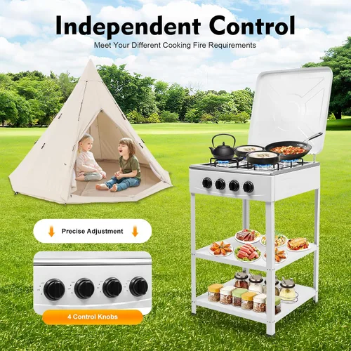 Miniatura 2 de Estufa de gas de 4 quemadores, 300000BTU portátil de GNL, estufa de parrilla de campamento de acero inoxidable con soporte para patas y adaptador