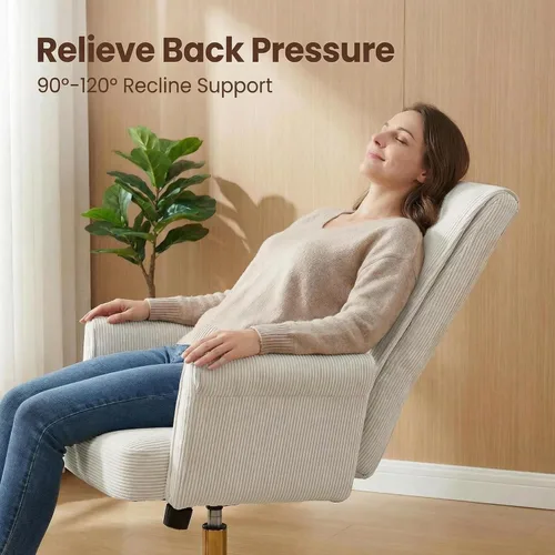 Miniatura 7 de Silla de oficina de terciopelo a rayas, silla ergonómica giratoria de 360° con respaldo alto, base dorada y ruedas, silla moderna de altura Rosa